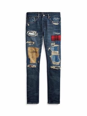 NWT Polo Ralph Lauren Button Fly Patchwork Distressed Denim Jeans Selvedge 34/30